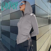Lunivop Y2K Solid Pleated Hooded Tops Women Streetwear Long Sleeve Drawstring Irregular Slim